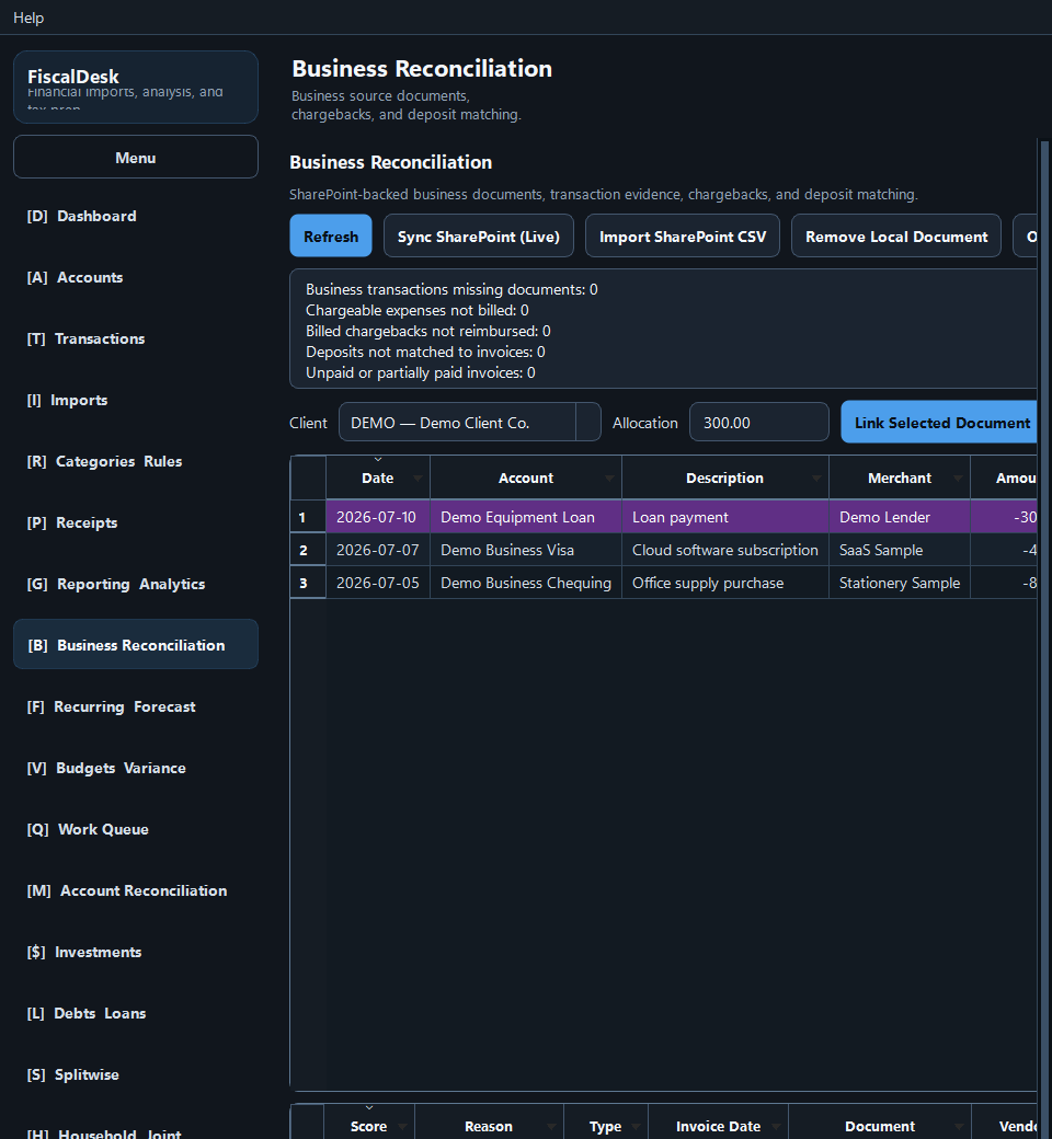 Business Reconciliation screen listing business transactions beside a client selector and document-linking actions.