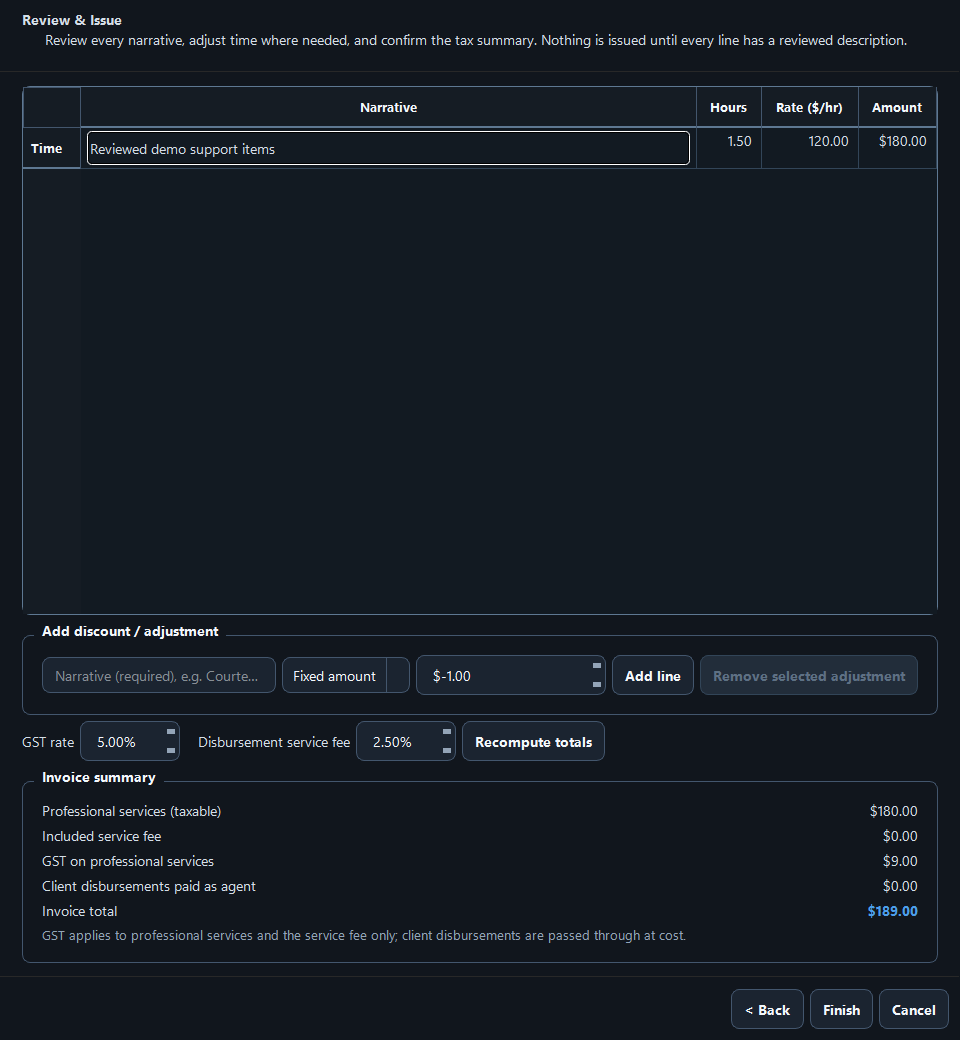 Invoice review step showing a time line with narrative, hours, rate and amount, an adjustment section, GST and service-fee settings and an invoice summary.