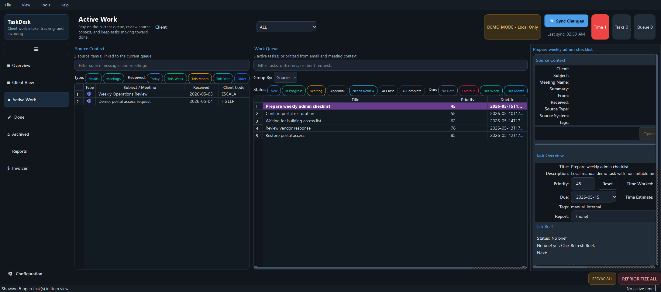 TaskDesk Active Work screen showing a source list of emails and meetings beside a prioritized task queue and a task detail pane, in demonstration mode.