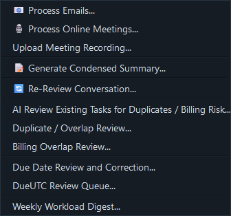 TaskDesk Tools menu listing email processing, online-meeting processing, meeting recording upload, summary generation and AI review tools.